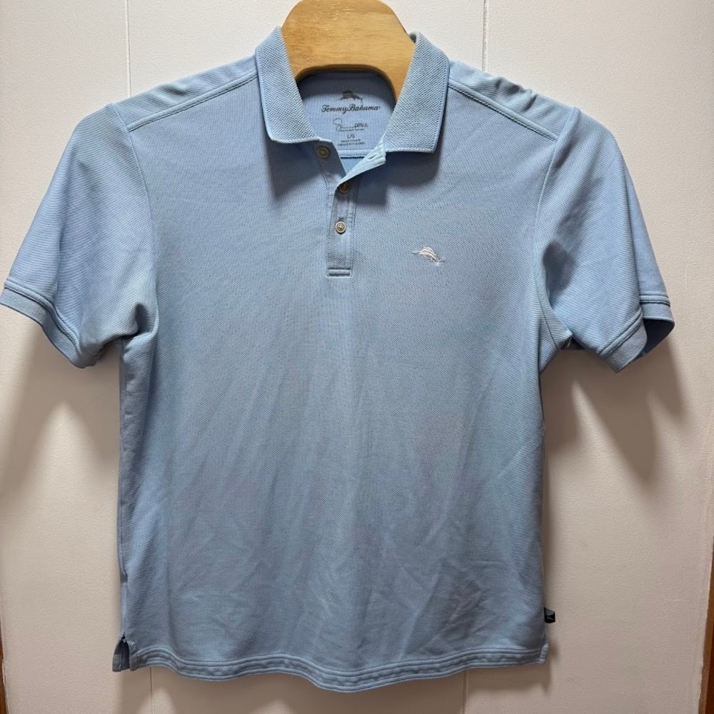 Tommy Bahama Mens Emfielder Polo Shirt Light Blue Supima Cotton Blend Large